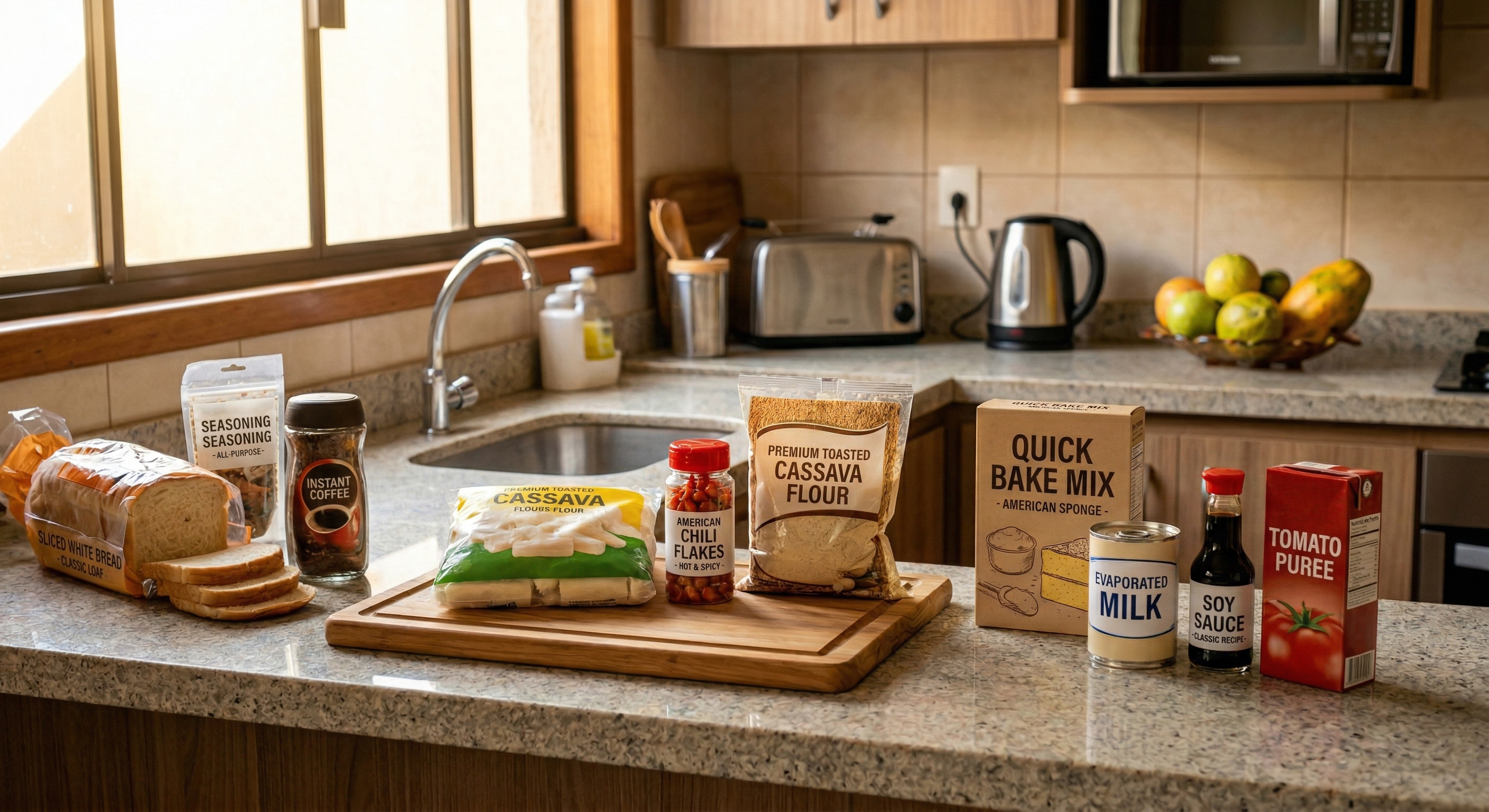 Common processed food ingredients on a kitchen counter