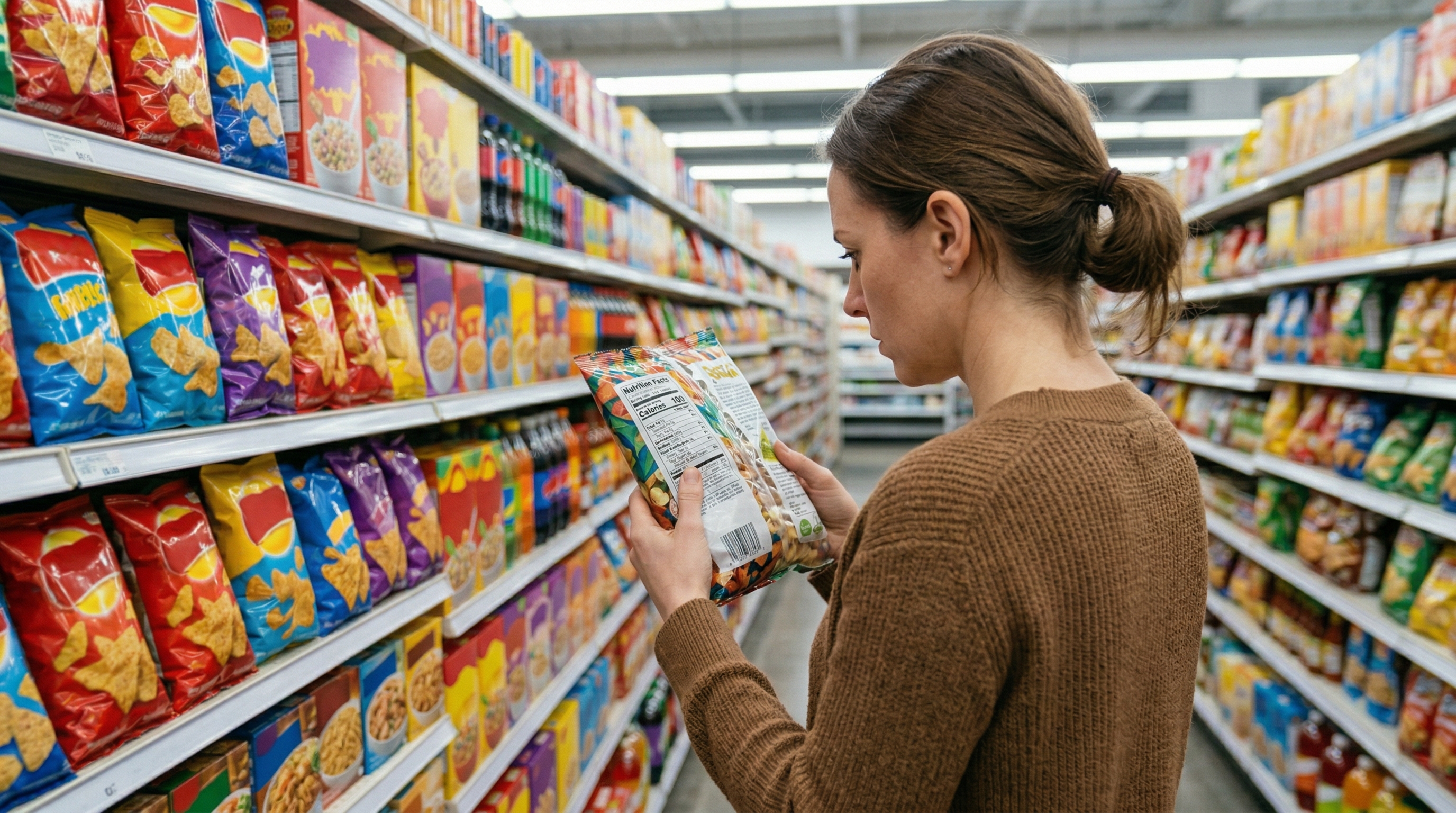 Person reading food labels in supermarket aisle